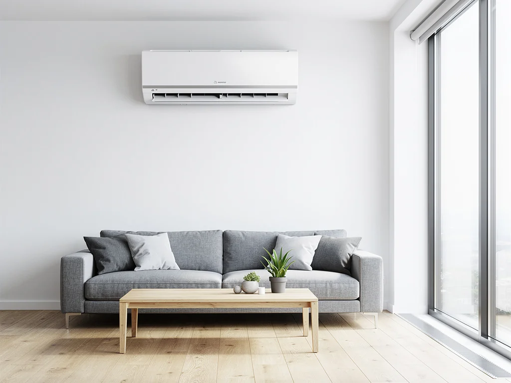 Climatiseur mural split installé dans un salon lumineux